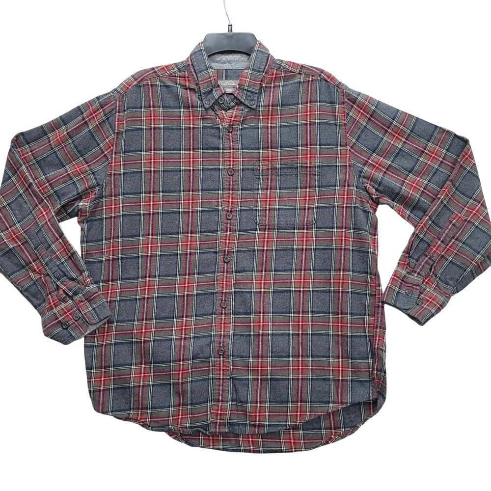 Eddie Bauer Mens LG Plaid Flannel Shirt Long Sleeve Button Down Grey Red FLAW